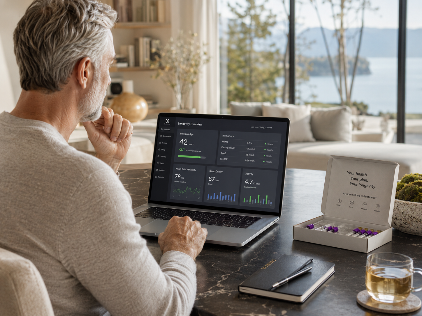 A man checking his longevity paramters on a computer